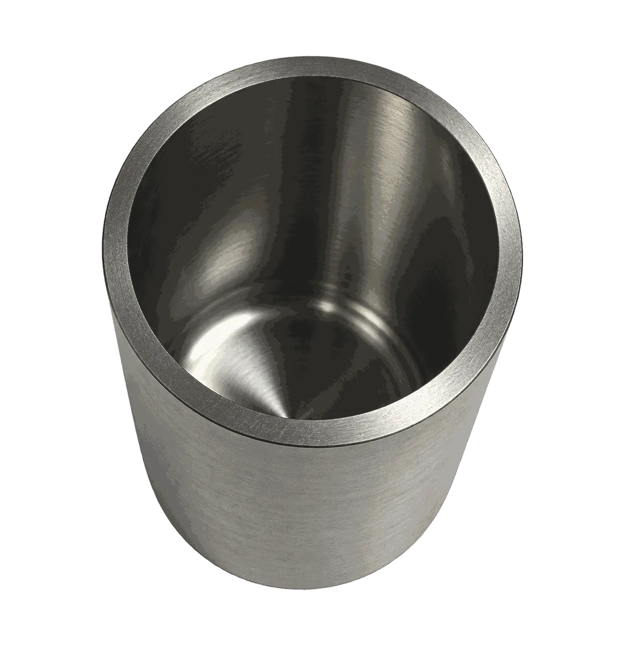 Machined molybdenum crucible with cylindrical thick-wall body and smooth inner surface