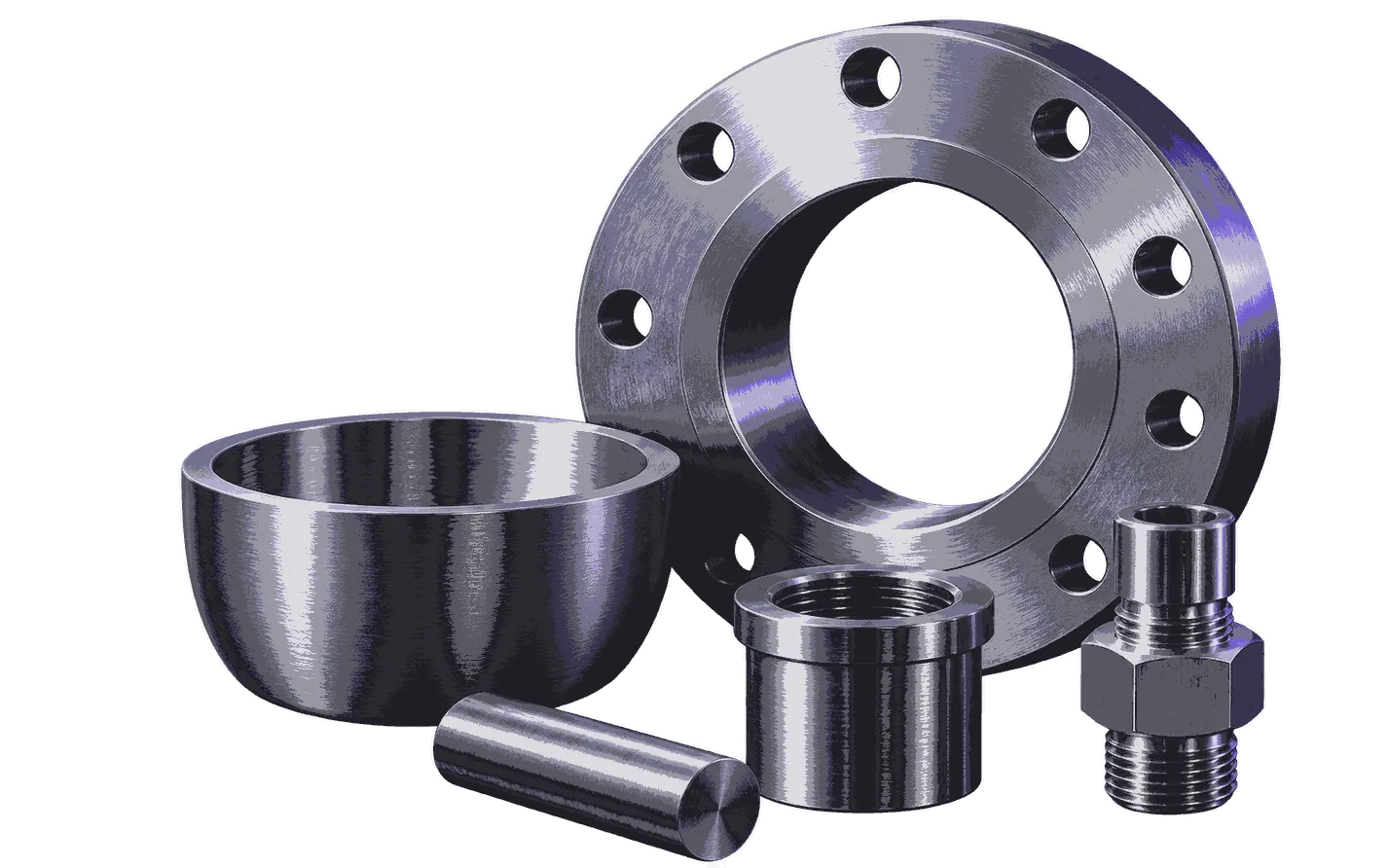 Custom tantalum machined parts including a flange, crucible, threaded connector, bushing and round bar